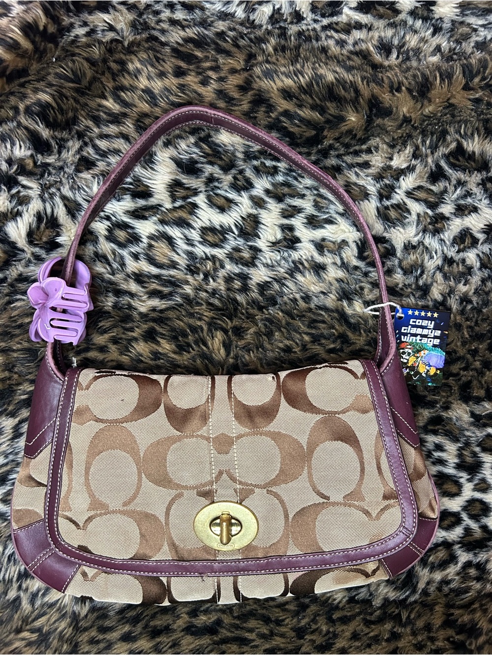 Coach Brown Signature Canvas Shoulder Bag with Plum Trim